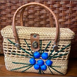 Handmade Vintage Straw purse/beach tote with blue flower